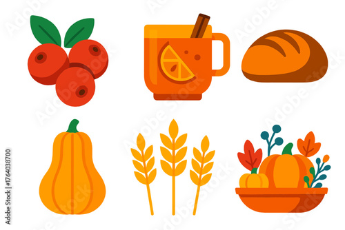 Thanksgiving Abundance flat icons: cranberries, apple cider mug, loaf of bread, squash, wheat stalks, table centerpiece. , , High resolution, sharp vector-like appearance, ideal