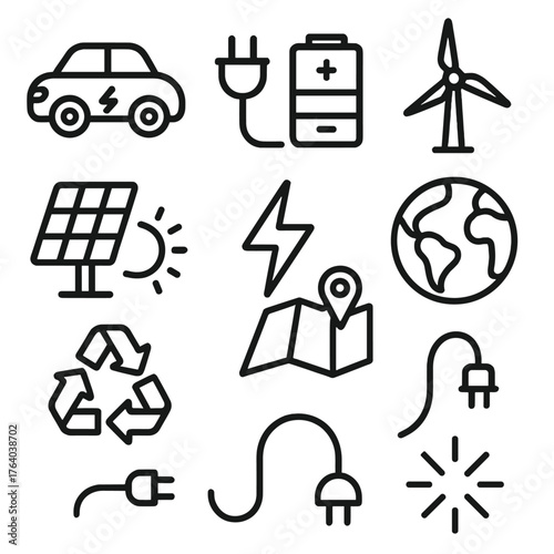 Sustainable Mobility outline icon set: EV, plug, battery, wind turbine, solar panel, lightning, map, location pin, globe, recycling logo, cable, spark. , , High resolution, sharp