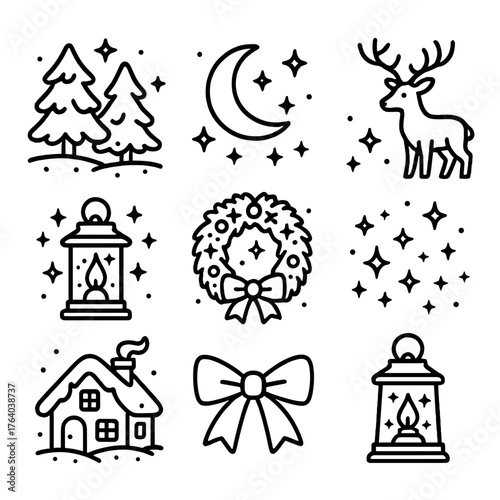 Christmas Winter Magic outline icon set: snow-covered trees, moon and stars, glimmering snow, sparkling wreath, gentle deer, lantern glow, snowy cottage, ribbon bow. , , High