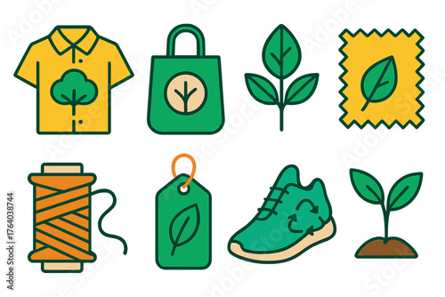 Ethical Fashion flat icons: cotton shirt, sustainable bag, eco materials, sewing thread, green tag, fabric swatch, plant symbol, recycled shoes. , , High resolution, sharp