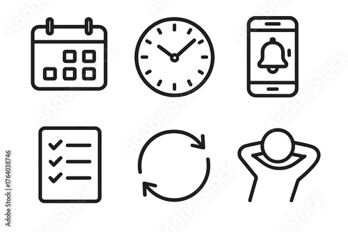Flexible Scheduling outline icon set: calendar icon, clock face, smartphone reminder, checklist, rotating arrows, relaxed person. , , High resolution, sharp vector-like appearance,