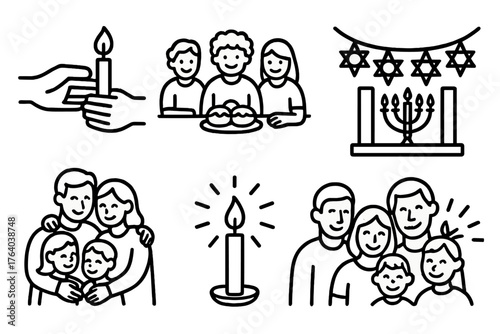 Hanukkah Unity outline icon set: hands passing candle, community table, festive decorations, menorah in window, cheerful faces, star garland, family hugs, warm light. , , High