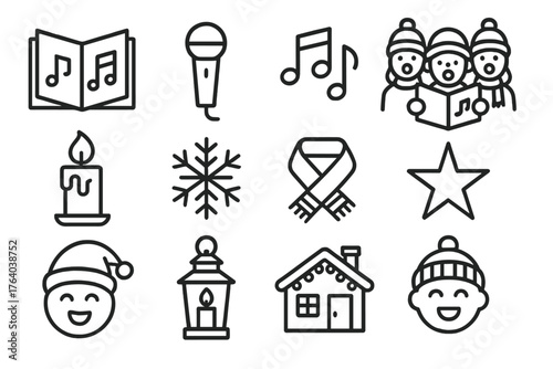 Christmas Caroling outline icon set: songbook, microphone, music notes, carolers, candle, snowflake, scarf, hat, lantern, house with lights, star, joyful face. , , High resolution,