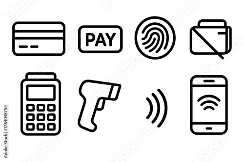 Cyber Monday Checkout Options outline icon set: debit card, Pay button, fingerprint ID, cashless icon, contactless terminal, barcode scanner, NFC signal, phone payment. , , High