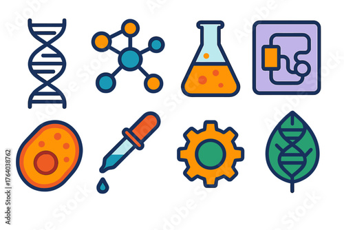 Synthetic Biology flat icons: DNA strand, molecular network, lab flask, genetic circuit, cell icon, pipette, gear symbol, bioengineered leaf. , , High resolution, sharp vector-like
