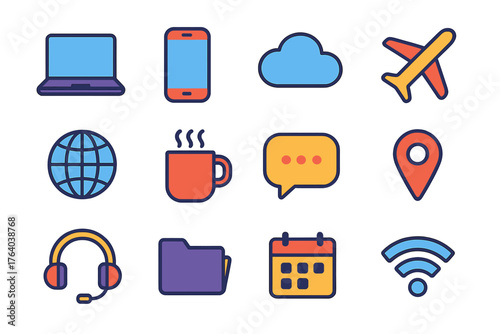 Work from Anywhere flat icons: laptop, phone, cloud, airplane, world globe, coffee mug, chat bubble, pin, headset, folder, calendar, wifi signal. , , High resolution, sharp