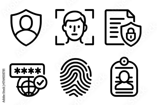 Secure Identity Systems outline icon set: protected profile, facial ID, shielded data, login verification, fingerprint icon, safe network, security badge, privacy layer. , , High