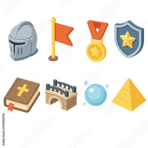 Honor set icons in modern isometric flat vector style: knight helmet, banner flag, award medal, shield with star, oath book, bridge, glowing orb, pyramid.