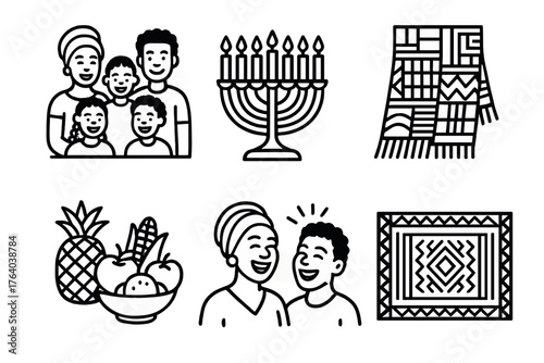 Kwanzaa Celebration outline icon set: family around table, kinara flames, kente fabric, harvest fruits, shared laughter, decorative mat. , , High resolution, sharp vector-like