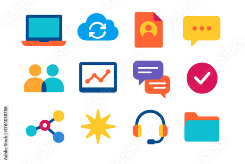 Collaborative Workspace flat icons: laptop, cloud sync, shared file, speech bubble, people icons, chart, message thread, checkmark, data link, spark, headset, folder. , , High