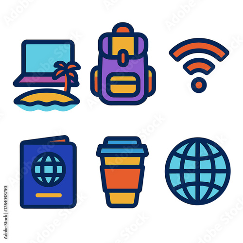 Digital Nomadism flat icons: laptop on beach, backpack, wifi symbol, passport, coffee cup, globe icon. , , High resolution, sharp vector-like appearance, ideal for UI and web