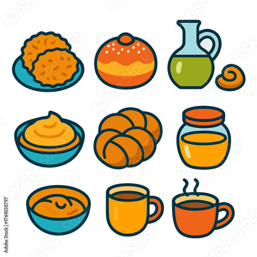 Hanukkah Festive Food flat icons: traditional latkes, sugar-dusted donut, olive oil flask, sweet pastry, applesauce dish, challah loaf, honey jar, warm drink. , , High resolution,