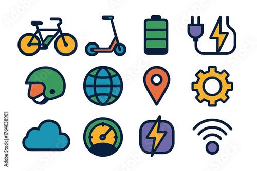 E-Bikes & Scooters flat icons: e-bike, scooter, battery pack, charging cable, helmet, globe, map marker, gear, cloud, speed dial, lightning icon, signal wave. , , High resolution,