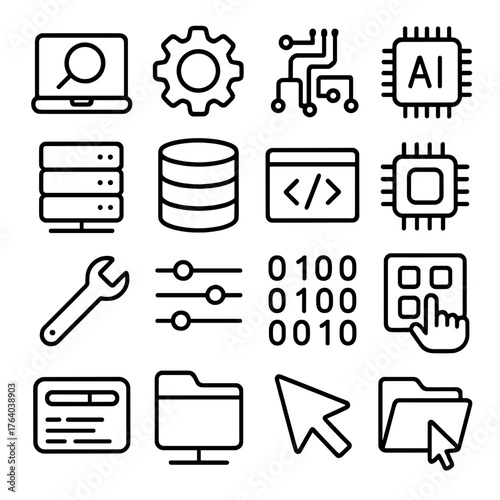 Technical Diagnostics outline icon set: laptop, gear, circuit board, AI chip, server, database, code window, microchip, wrench, settings, binary code, dashboard, touchscreen,