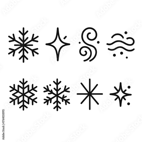 Winter Snowflakes outline icon set: symmetrical snowflake, icy sparkle, frosty swirl, frozen mist, crystal lattice, falling flake, shimmer burst, snow particle. , , High resolution