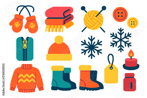 Winter Cozy Set flat icons: hanging mittens, folded scarves, knitting needles, yarn skein, buttons, zipper, wool hat, snowflake, candle, sweater, boots, tag. , , High resolution,