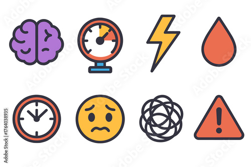 Stress flat icons: brain icon, pressure gauge, thunderbolt, droplet, clock, anxious emoji, tangle, warning triangle.