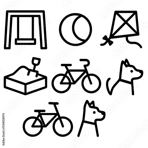 Playful backyard outline icon set: swing, ball, kite, sandbox, bicycle, dog.