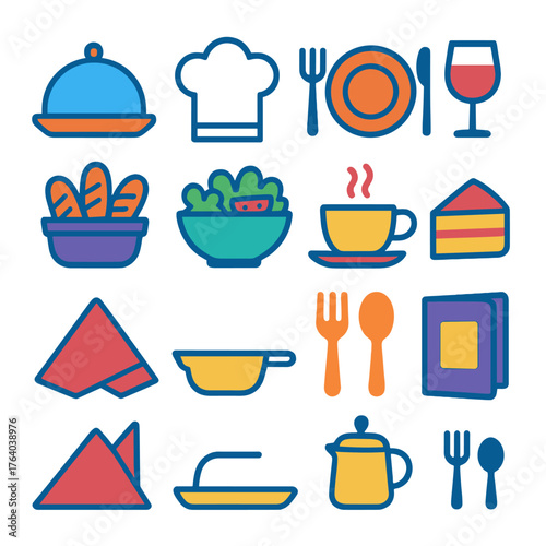 flat icons: covered dish, chef hat, plate setting, wine glass, bread basket, salad bowl, coffee cup, dessert slice, napkin, tray, utensils, menu.