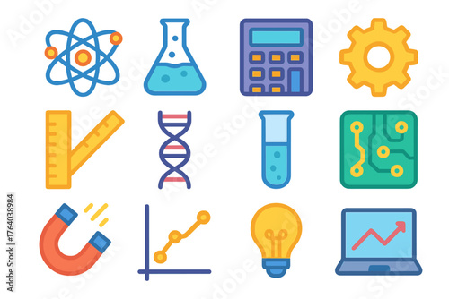 STEM Learning Icons flat icons: atom, beaker, calculator, gear, ruler, DNA strand, test tube, circuit board, magnet, graph, lightbulb, laptop.