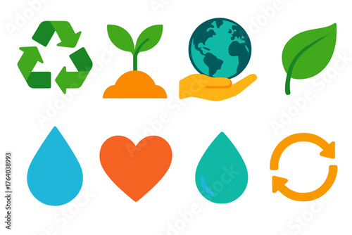 Reclaiming flat icons: recycle, sprout, hand, globe, leaf, droplet, heart, arrows loop.