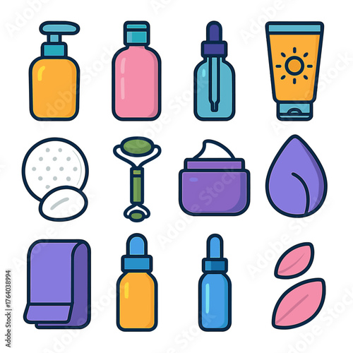 Skincare Routine Icons flat icons: cleanser, toner, serum bottle, moisturizer jar, sunscreen tube, cotton pad, facial roller, towel, night cream, eye serum, water splash, flower