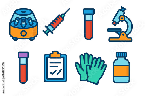 Medical Laboratory flat icons: centrifuge, syringe, test tube, microscope, blood sample, clipboard, gloves, bottle.
