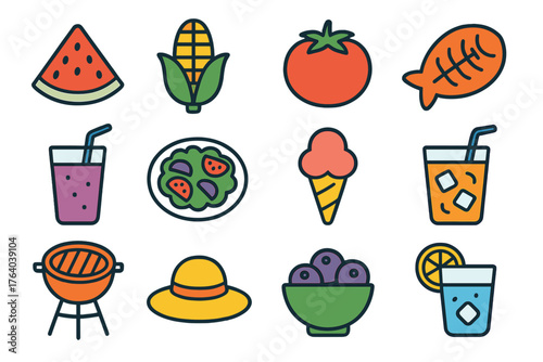 Summer Menu Icons flat icons: watermelon slice, corn cob, tomato, grilled fish, smoothie glass, salad plate, ice cream cone, cold drink, outdoor grill, sun hat, berry bowl, lemon