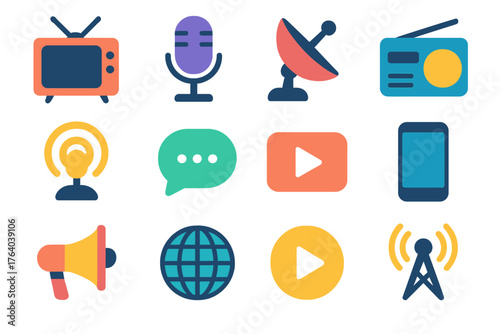 Channels flat icons: television, microphone, satellite dish, radio, podcast, chat bubble, video icon, smartphone, megaphone, world globe, play symbol, broadcast tower.
