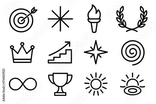Symbolic goal outline icon set: arrow hitting target, starburst, torch flame, laurel wreath, crown, staircase upward, guiding star, spiral, infinity loop, trophy, sun rays, ripple
