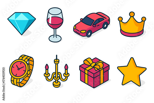 Luxury Lifestyle flat isometric set: diamond, wine glass, car, crown, watch, chandelier, gift box, star.