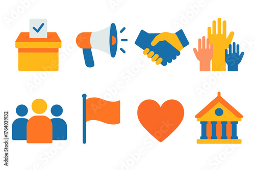 Civic Engagement flat icons: ballot box, megaphone, handshake, raised hands, community group, flag, heart, city hall.
