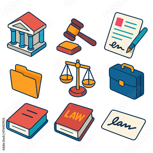 Litigation flat isometric set: courthouse, gavel, balance scale, contract, folder, law book, briefcase, signature.