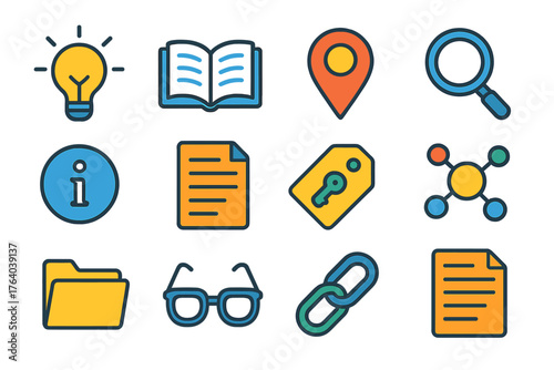 Knowledge Index Set flat icons: lightbulb, open book, chapter marker, search lens, info symbol, document tab, keyword tag, mind map, folder, reading glasses, reference link,