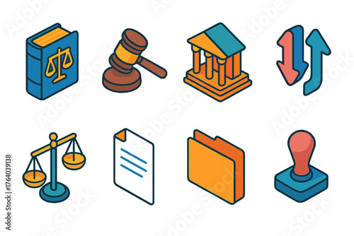 Appeals flat isometric set: law book, gavel, courthouse, appeal arrows, balance, paper, file, stamp.