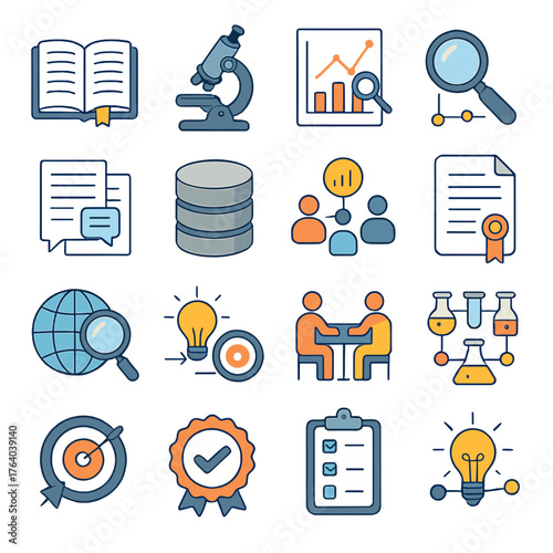 Research Collective Icons set icons in modern isometric flat vector style: open book, microscope, research chart, graph analysis, shared notes, database icon, connected people with