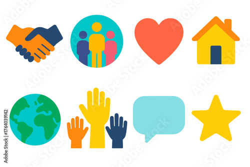 Social Inclusion flat icons: handshake, people circle, heart, home, globe, raised hands, speech bubble, star.