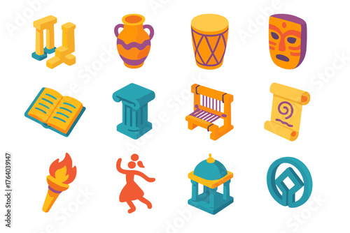 Cultural Preservation flat isometric set: ancient ruins, artifact vase, cultural drum, heritage mask, open book, museum pillar, weaving tool, folklore scroll, dance figure,