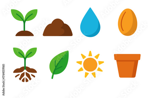 Seedling flat icons: plant sprout, soil bed, water drop, seed, roots, leaf, sun, pot.