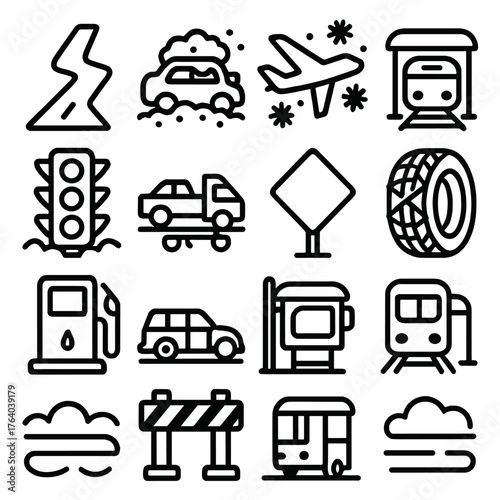 Winter Storm Impact Travel — Soft Line Art silhouette set: slippery road, car in snow, airplane delay, train station, traffic light, tow truck, road sign, tire chains, fuel pump,