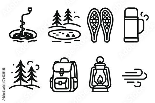 Winter Recreation Frozen Adventures outline icon set: ice fishing hole, frozen lake, snowshoes, thermos flask, pine trees, backpack, lantern light, frosty air lines.