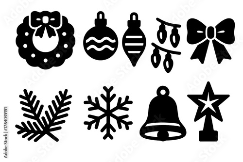 Festive Decorations silhouette set: wreath, ornaments, string lights, ribbon bow, pine branches, snowflake, bell, star topper.