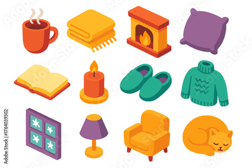 Slow Winter Days Home — Cozy Flat Icons flat isometric set: steaming mug, wool blanket, fireplace, soft pillow, open book, candlelight, slippers, window frost, knit sweater,