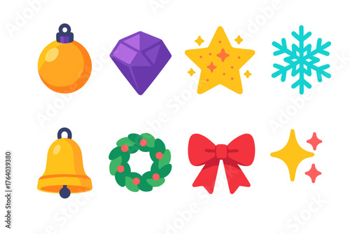 Festive Ornaments — modern flat icons flat isometric set: metallic bauble, faceted gem, glitter star, paper snowflake, hanging bell, mini wreath, festive bow, sparkling accent.