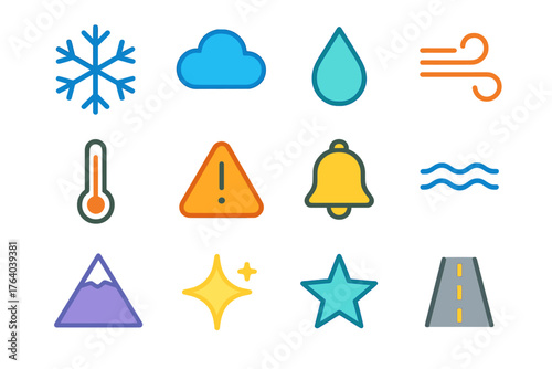 Winter Weather Alerts Minimal Line Icons flat icons: snowflake outline, cloud, droplet, wind line, thermometer, alert triangle, bell, wave, mountain, sparkle, star, road line.