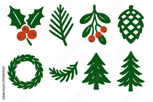 Winter Celebration Nature Seasonal Greens silhouette set: holly sprig, cedar bough, mistletoe cluster, pinecone, red berries, wreath ring, evergreen garland, small tree.