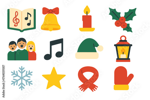 Christmas Carols Classic — Cozy Flat Icons flat icons: songbook, bell, candle, holly sprig, choir group, music note, caroler hat, lantern, snowflake, star, scarf, mitten.