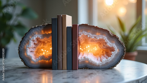 Elegant bookshelf showcase featuring shimmering geode bookends and a collection of sophisticated