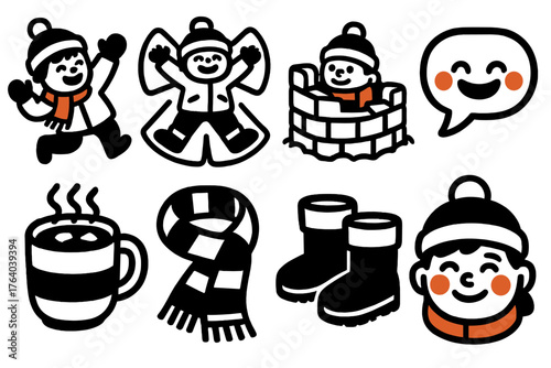 Snow-Covered Play — Family joy silhouette set: children playing, snow angel, snow fort, laughter bubble, cocoa mug, scarf, boots, rosy cheeks.