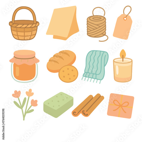 Holiday Hampers Handmade — Soft Pastel Icons flat icons: handwoven basket, paper wrap, twine, tag, homemade jam, baked goods, knitted scarf, candle jar, dried flowers, natural soap